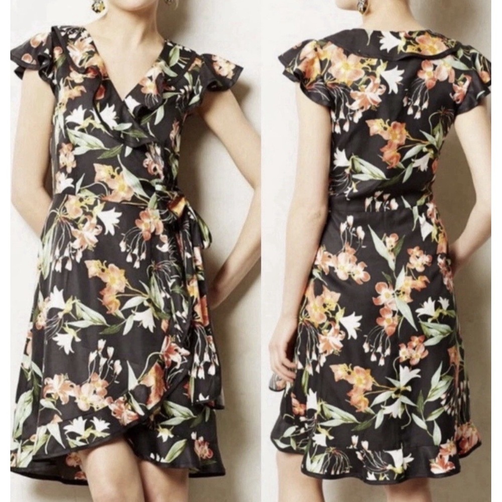 Hi There Karen Walker Black Floral‎ Hibiscus Wrap Dress Size 2 Anthropologie
